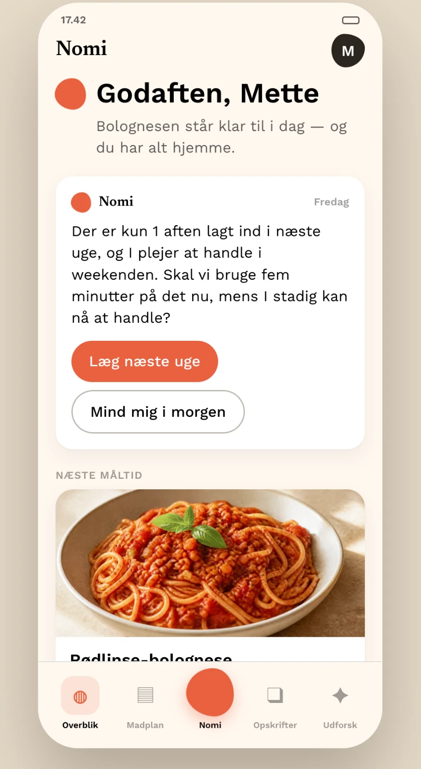 Skærmbillede af SIMMER-appen, hvor Nomi foreslår aftensmad
